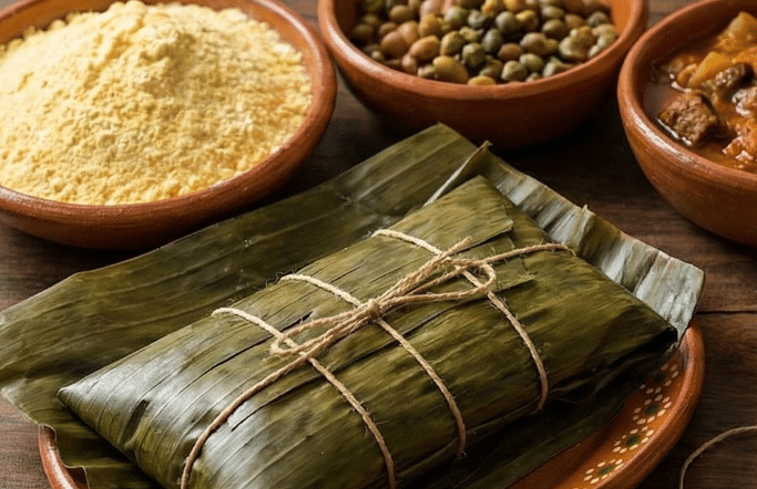 Hallaca criolla abierta mostrando el relleno